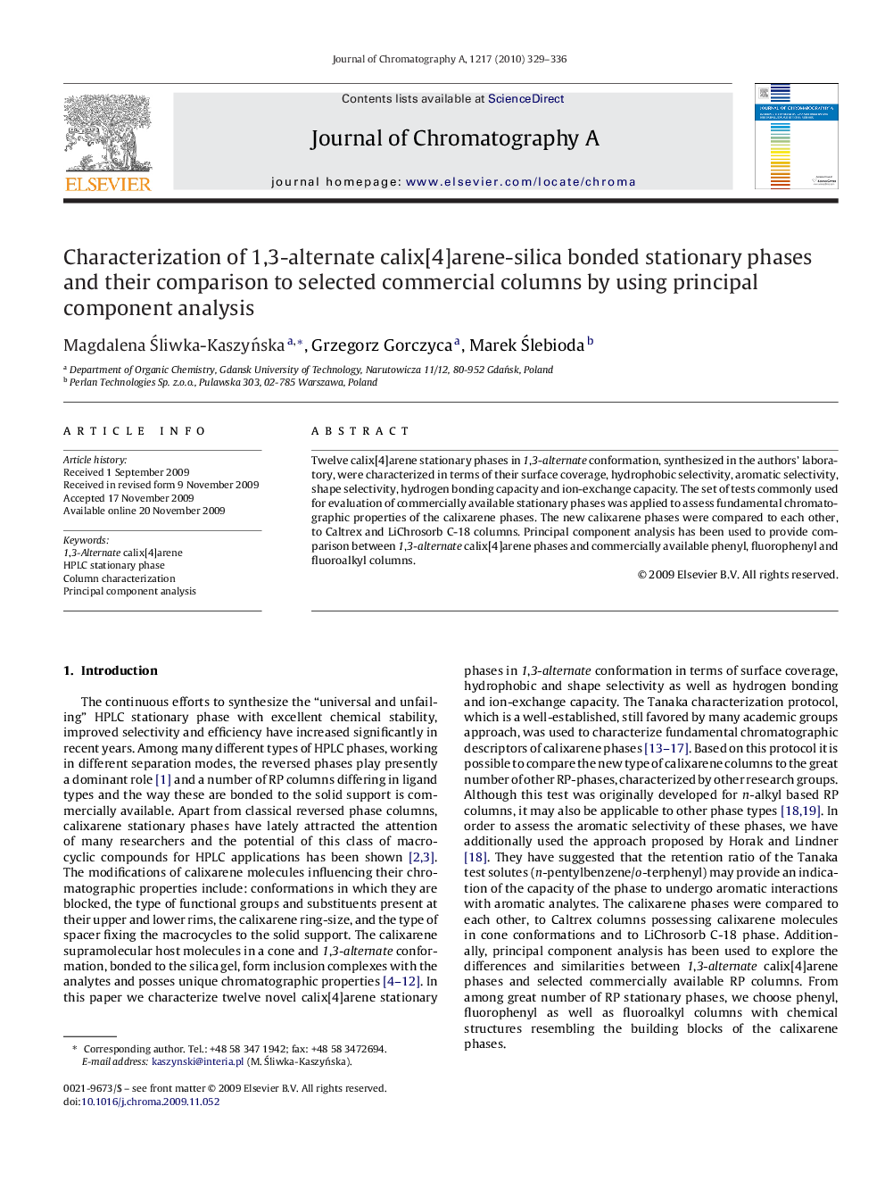 Characterization of 1,3-alternate calix[4]arene-silica bonded stationary phases and their comparison to selected commercial columns by using principal component analysis