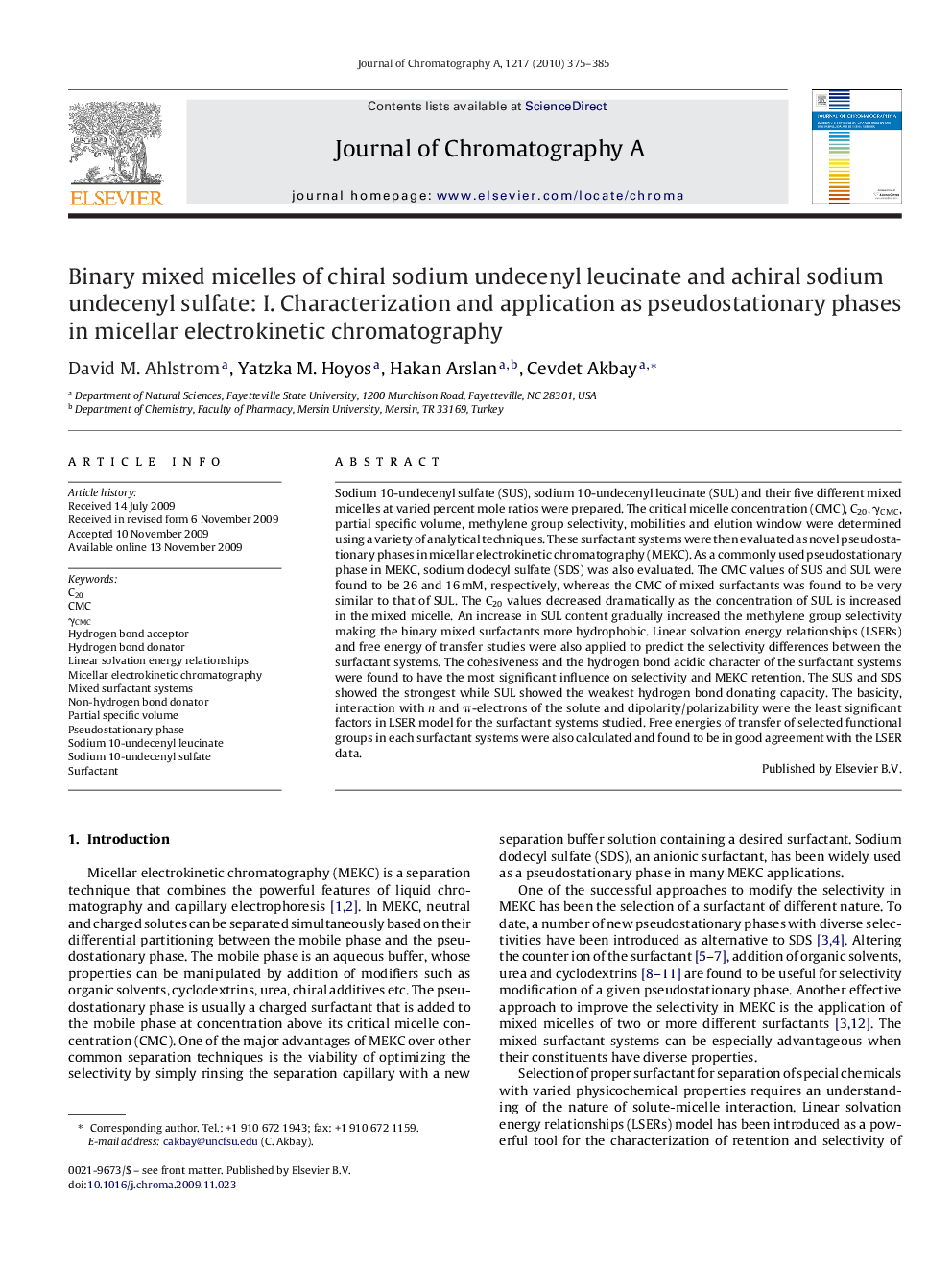 Binary mixed micelles of chiral sodium undecenyl leucinate and achiral sodium undecenyl sulfate: I. Characterization and application as pseudostationary phases in micellar electrokinetic chromatography