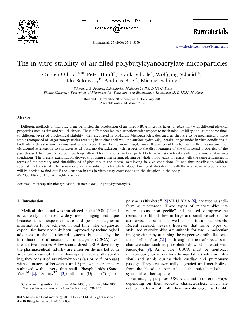 The in vitro stability of air-filled polybutylcyanoacrylate microparticles