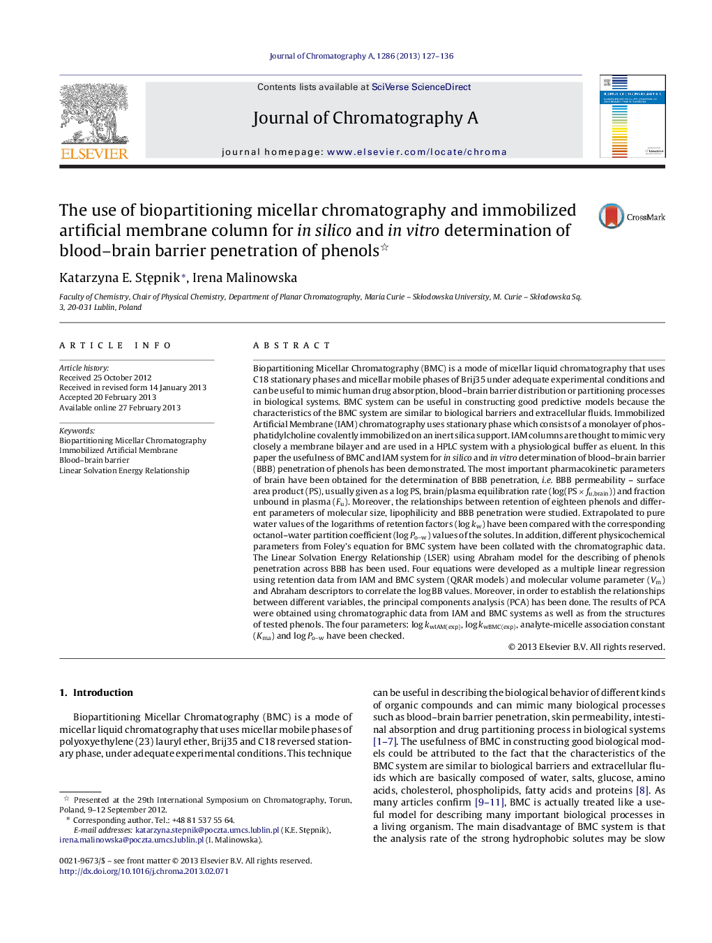 The use of biopartitioning micellar chromatography and immobilized artificial membrane column for in silico and in vitro determination of blood–brain barrier penetration of phenols 