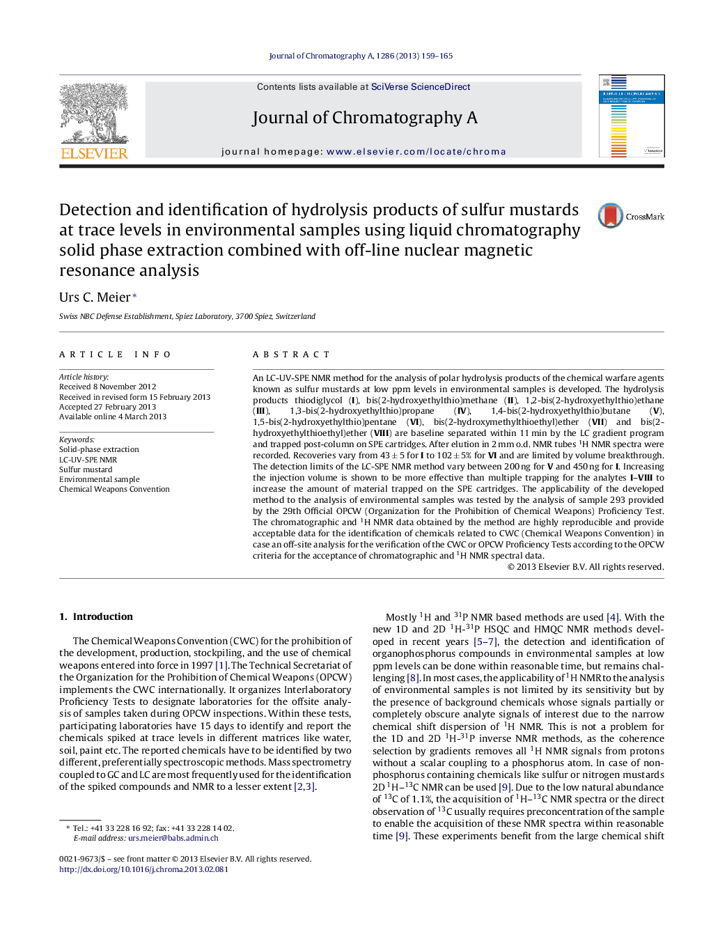 Detection and identification of hydrolysis products of sulfur mustards at trace levels in environmental samples using liquid chromatography solid phase extraction combined with off-line nuclear magnetic resonance analysis