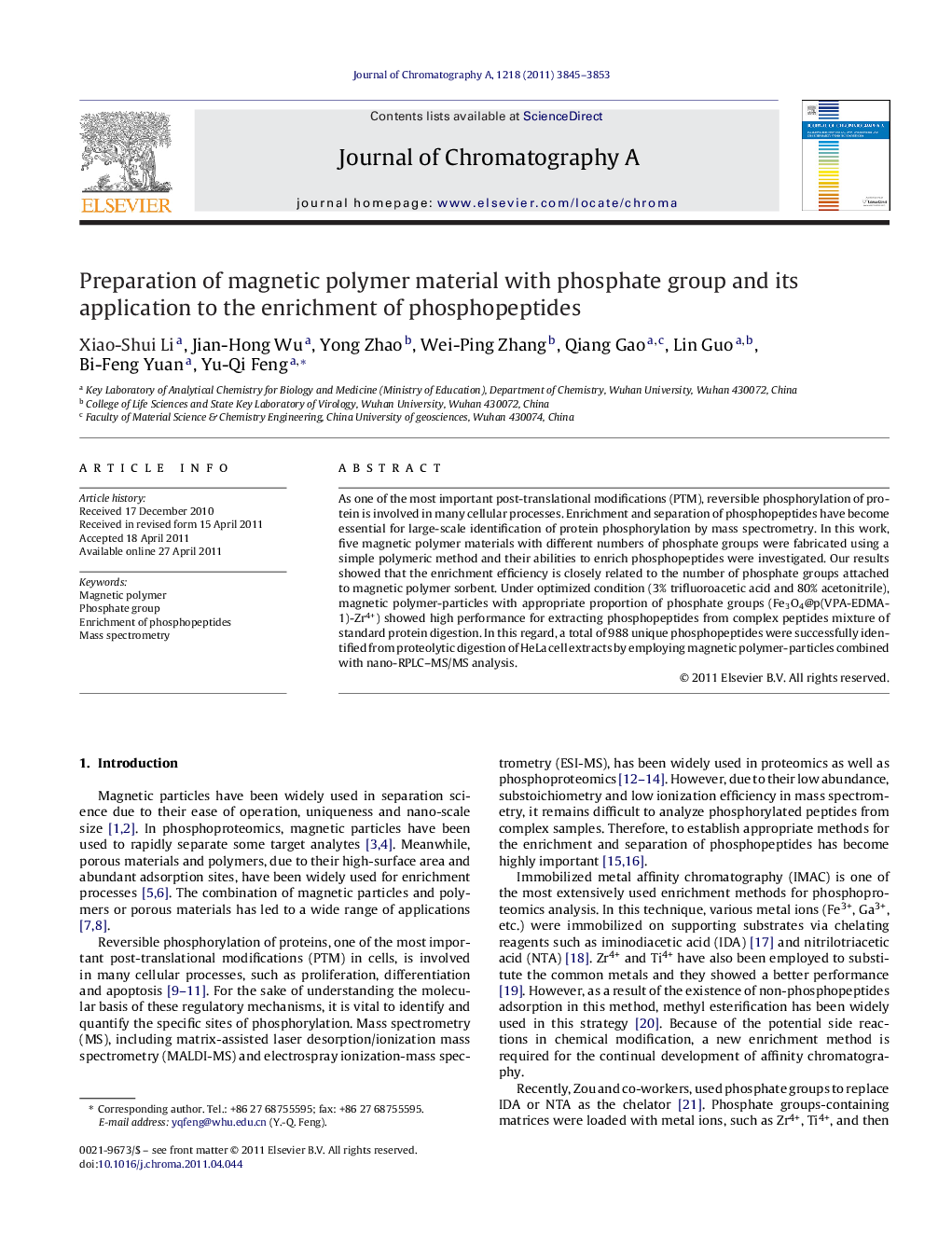 Preparation of magnetic polymer material with phosphate group and its application to the enrichment of phosphopeptides