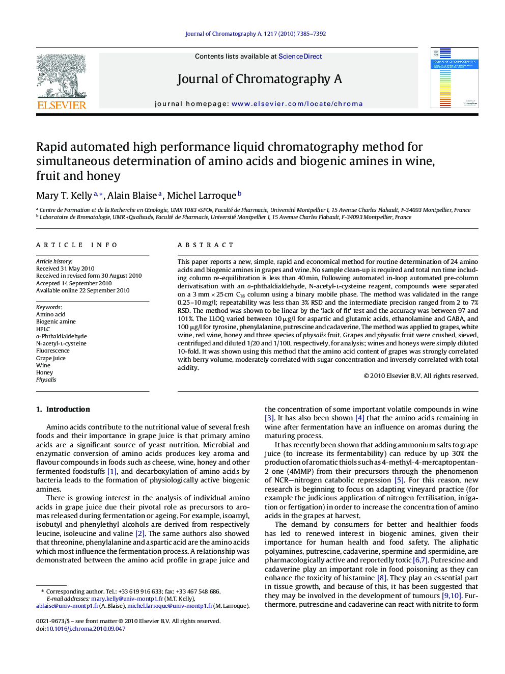 Rapid automated high performance liquid chromatography method for simultaneous determination of amino acids and biogenic amines in wine, fruit and honey