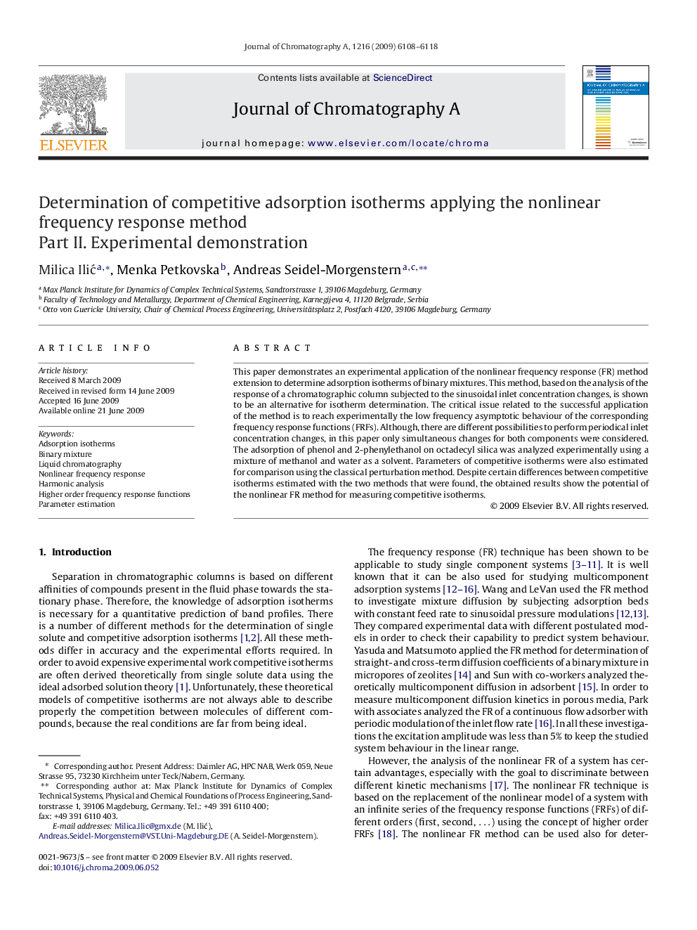 Determination of competitive adsorption isotherms applying the nonlinear frequency response method: Part II. Experimental demonstration