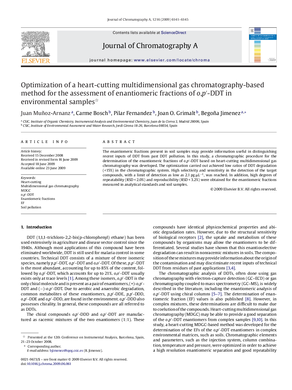 Optimization of a heart-cutting multidimensional gas chromatography-based method for the assessment of enantiomeric fractions of o,p′-DDT in environmental samples 