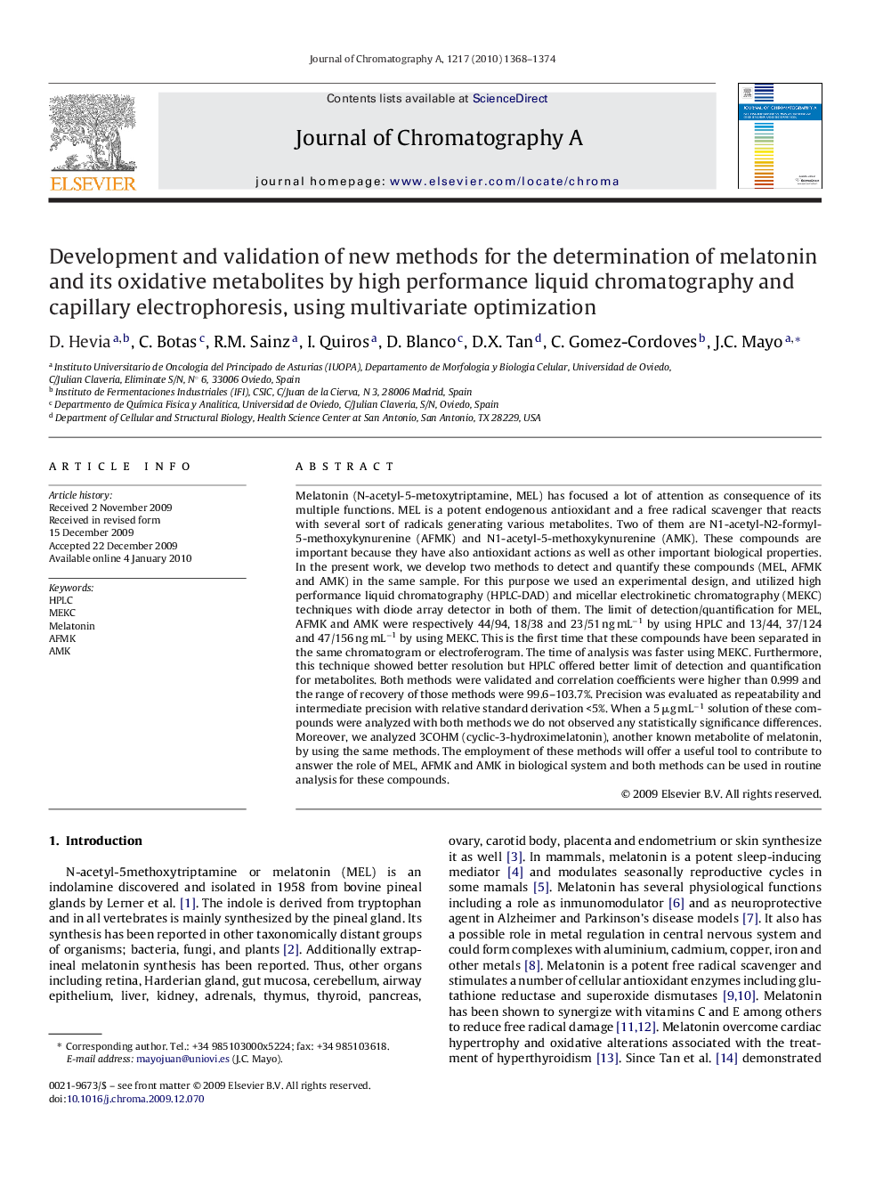 Development and validation of new methods for the determination of melatonin and its oxidative metabolites by high performance liquid chromatography and capillary electrophoresis, using multivariate optimization