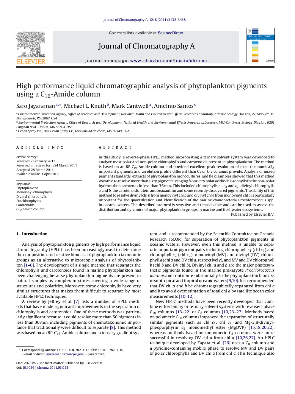 High performance liquid chromatographic analysis of phytoplankton pigments using a C16-Amide column