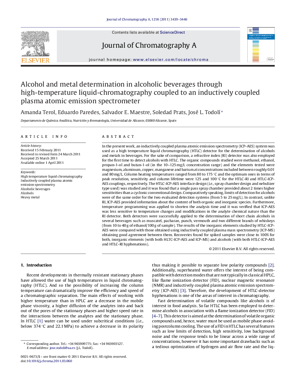 Alcohol and metal determination in alcoholic beverages through high-temperature liquid-chromatography coupled to an inductively coupled plasma atomic emission spectrometer