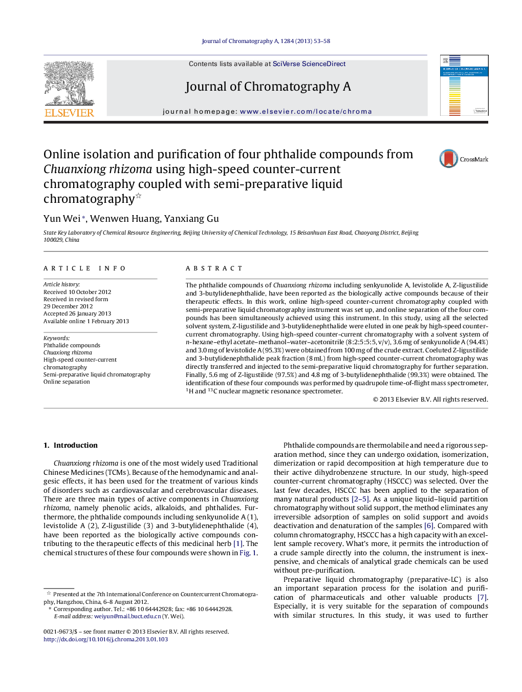 Online isolation and purification of four phthalide compounds from Chuanxiong rhizoma using high-speed counter-current chromatography coupled with semi-preparative liquid chromatography 