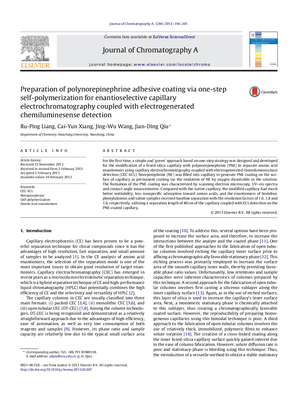 Preparation of polynorepinephrine adhesive coating via one-step self-polymerization for enantioselective capillary electrochromatography coupled with electrogenerated chemiluminesense detection