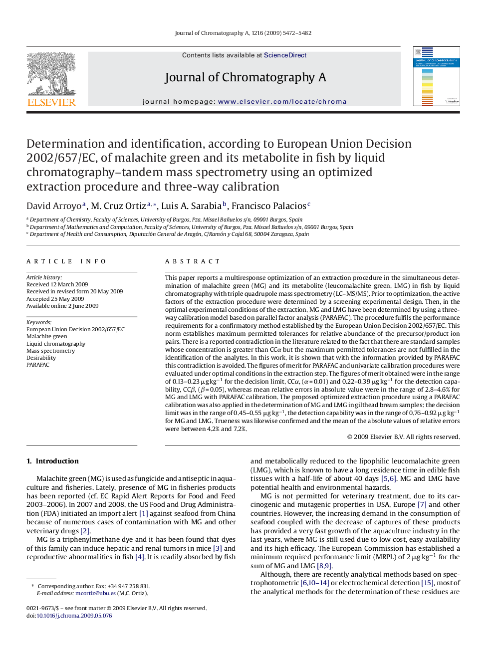 Determination and identification, according to European Union Decision 2002/657/EC, of malachite green and its metabolite in fish by liquid chromatography–tandem mass spectrometry using an optimized extraction procedure and three-way calibration