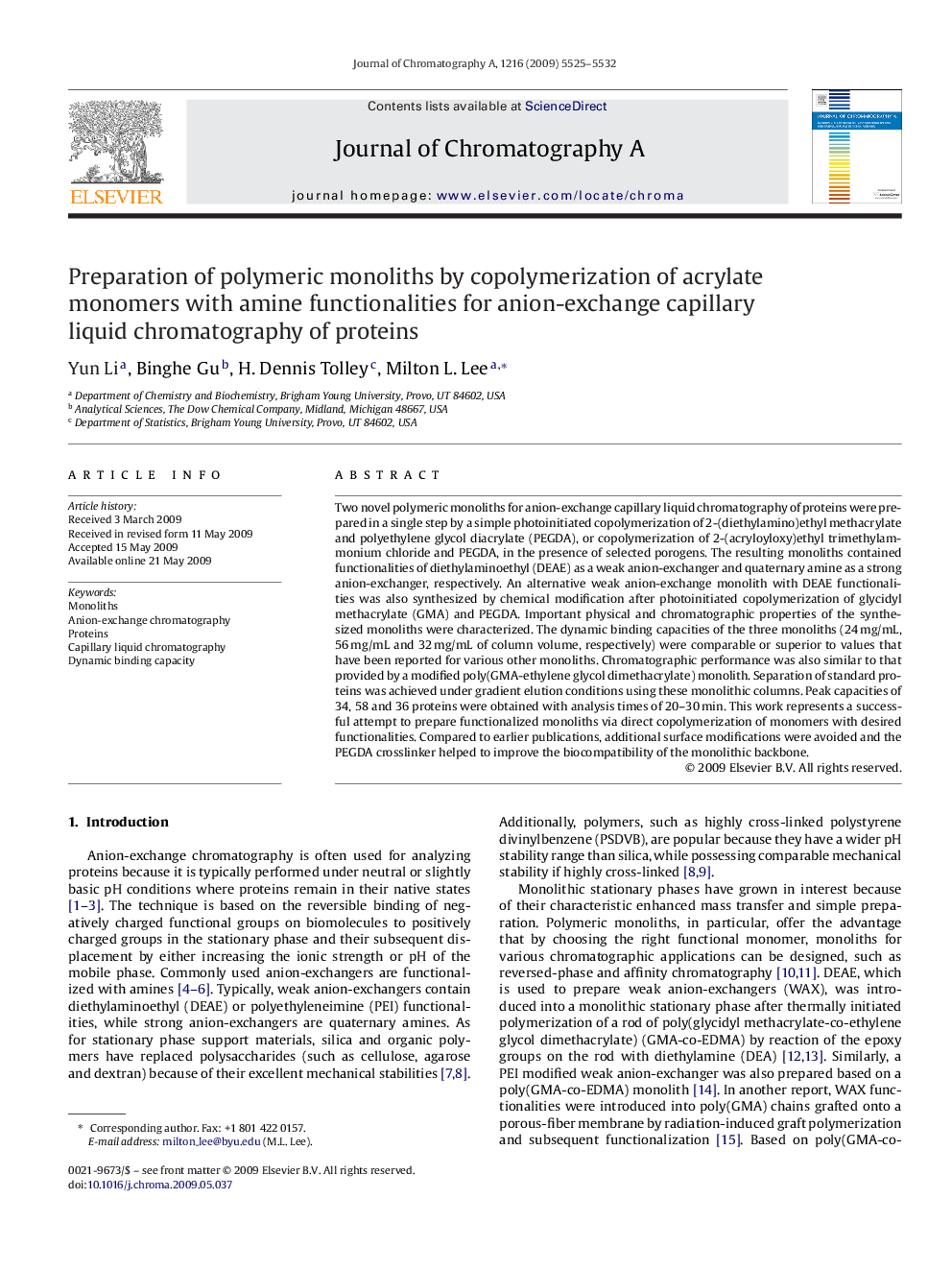 Preparation of polymeric monoliths by copolymerization of acrylate monomers with amine functionalities for anion-exchange capillary liquid chromatography of proteins