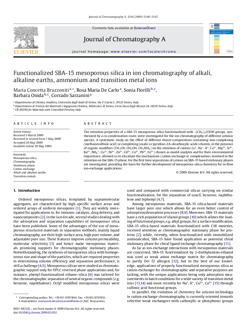 Functionalized SBA-15 mesoporous silica in ion chromatography of alkali, alkaline earths, ammonium and transition metal ions