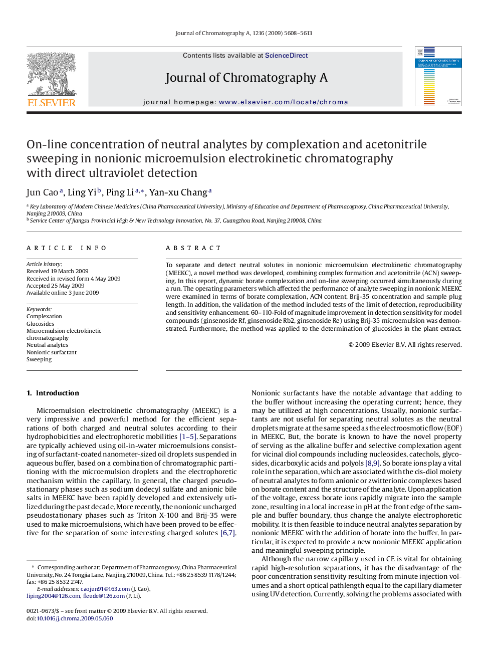 On-line concentration of neutral analytes by complexation and acetonitrile sweeping in nonionic microemulsion electrokinetic chromatography with direct ultraviolet detection