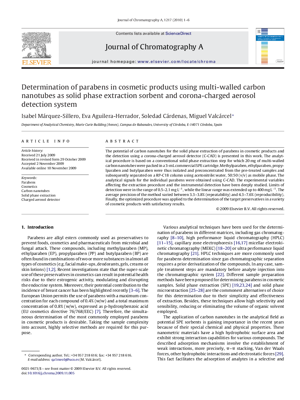 Determination of parabens in cosmetic products using multi-walled carbon nanotubes as solid phase extraction sorbent and corona-charged aerosol detection system