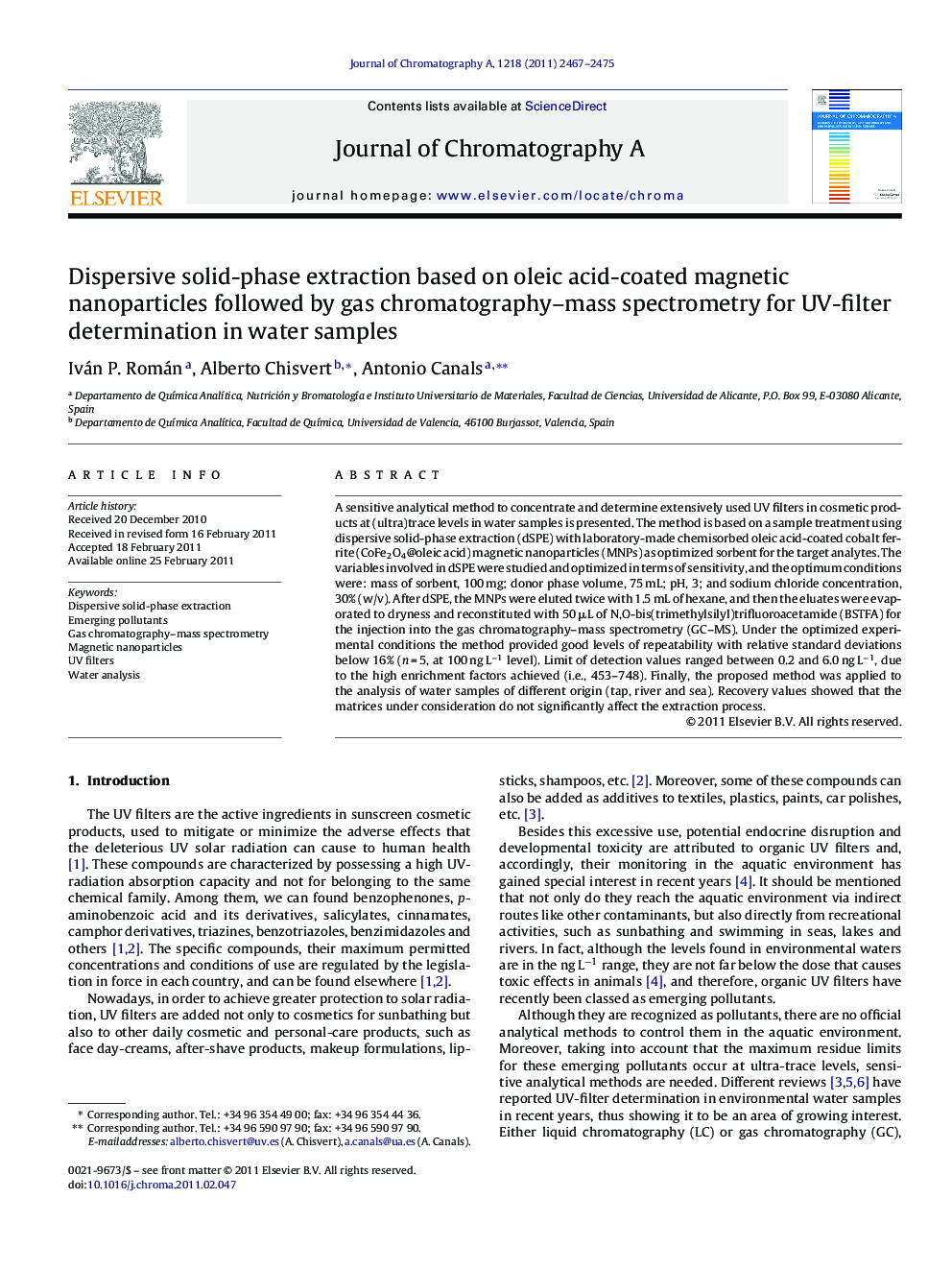 Dispersive solid-phase extraction based on oleic acid-coated magnetic nanoparticles followed by gas chromatography–mass spectrometry for UV-filter determination in water samples