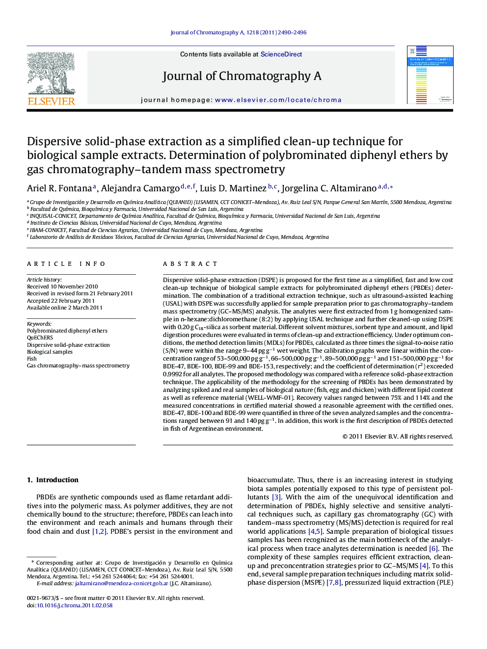 Dispersive solid-phase extraction as a simplified clean-up technique for biological sample extracts. Determination of polybrominated diphenyl ethers by gas chromatography–tandem mass spectrometry