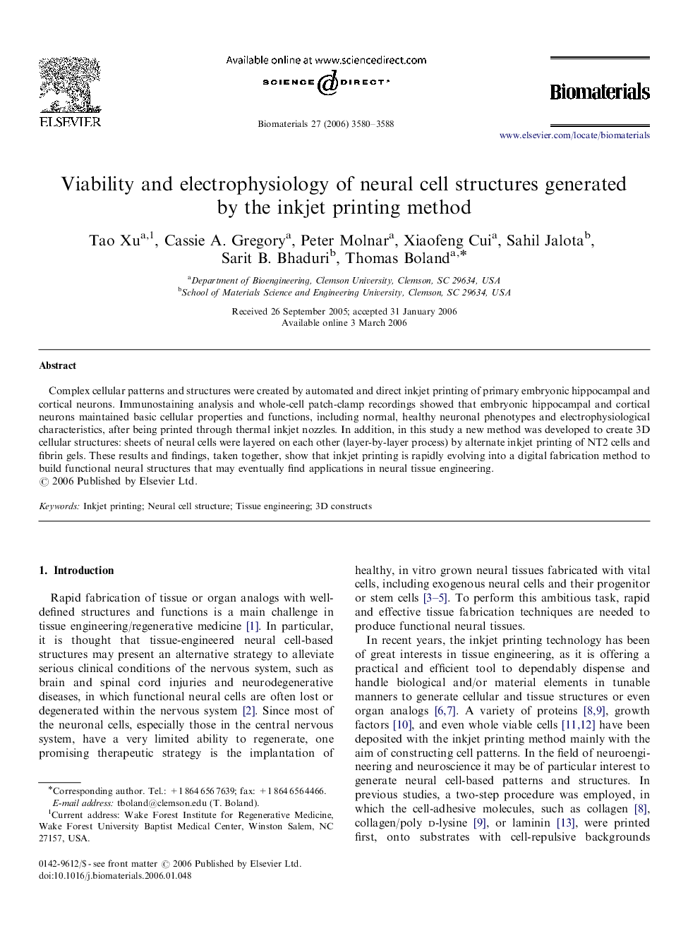 Viability and electrophysiology of neural cell structures generated by the inkjet printing method