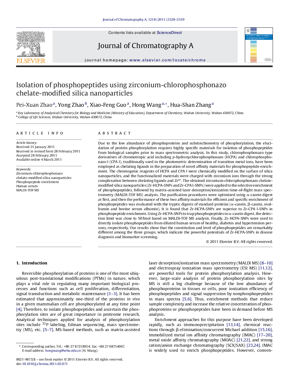 Isolation of phosphopeptides using zirconium-chlorophosphonazo chelate-modified silica nanoparticles