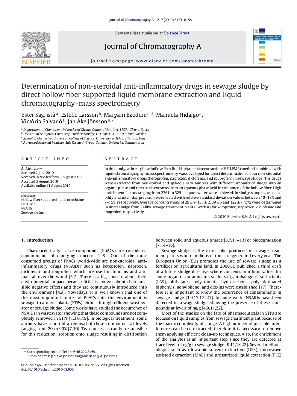 Determination of non-steroidal anti-inflammatory drugs in sewage sludge by direct hollow fiber supported liquid membrane extraction and liquid chromatography–mass spectrometry