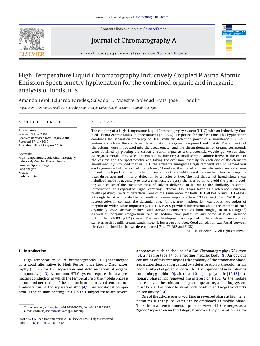 High-Temperature Liquid Chromatography Inductively Coupled Plasma Atomic Emission Spectrometry hyphenation for the combined organic and inorganic analysis of foodstuffs