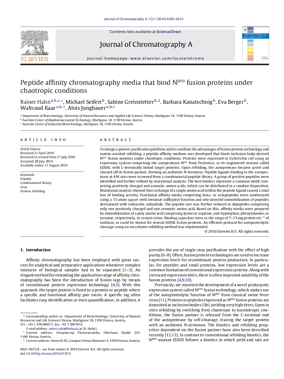 Peptide affinity chromatography media that bind Npro fusion proteins under chaotropic conditions