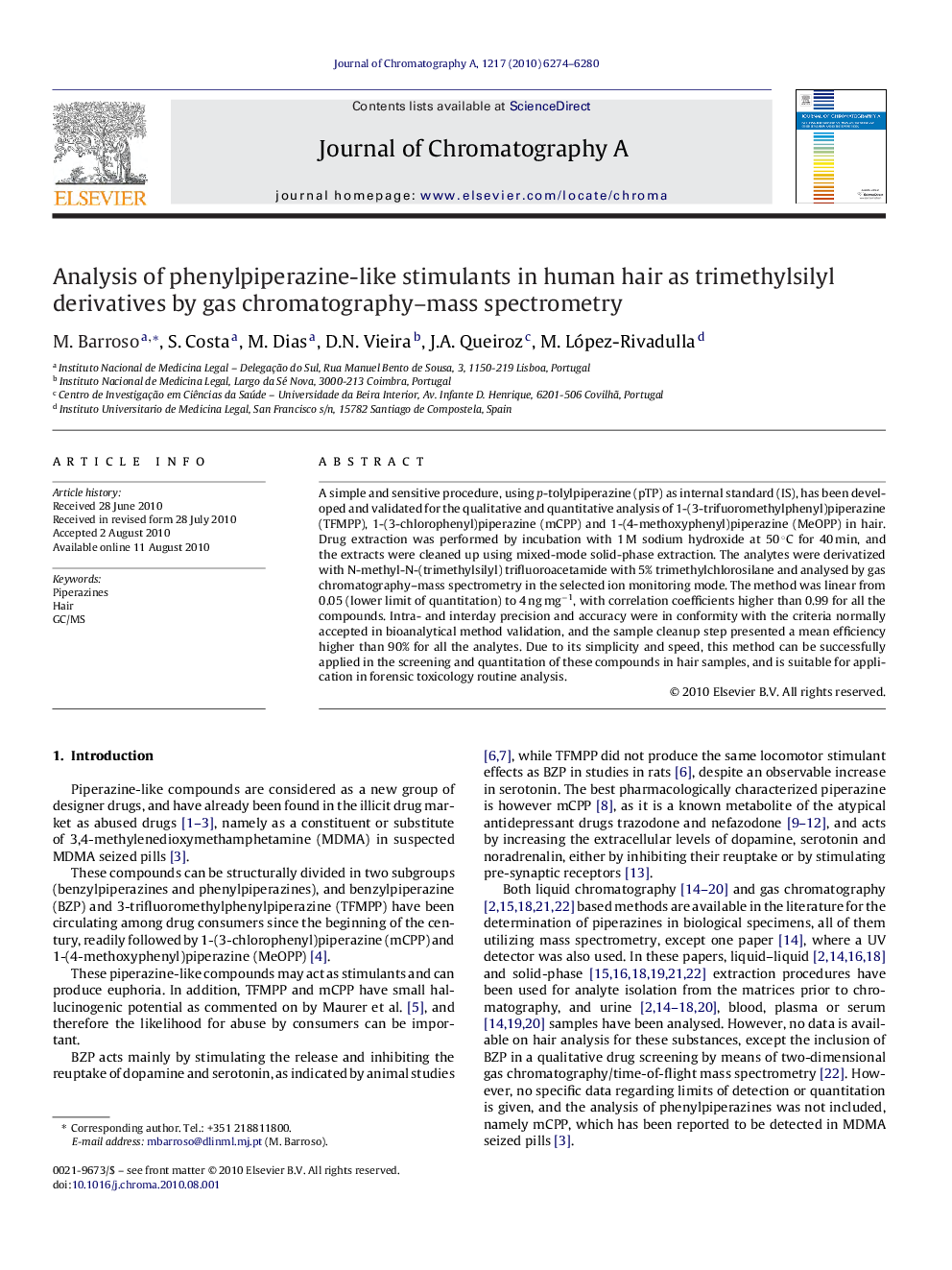 Analysis of phenylpiperazine-like stimulants in human hair as trimethylsilyl derivatives by gas chromatography–mass spectrometry