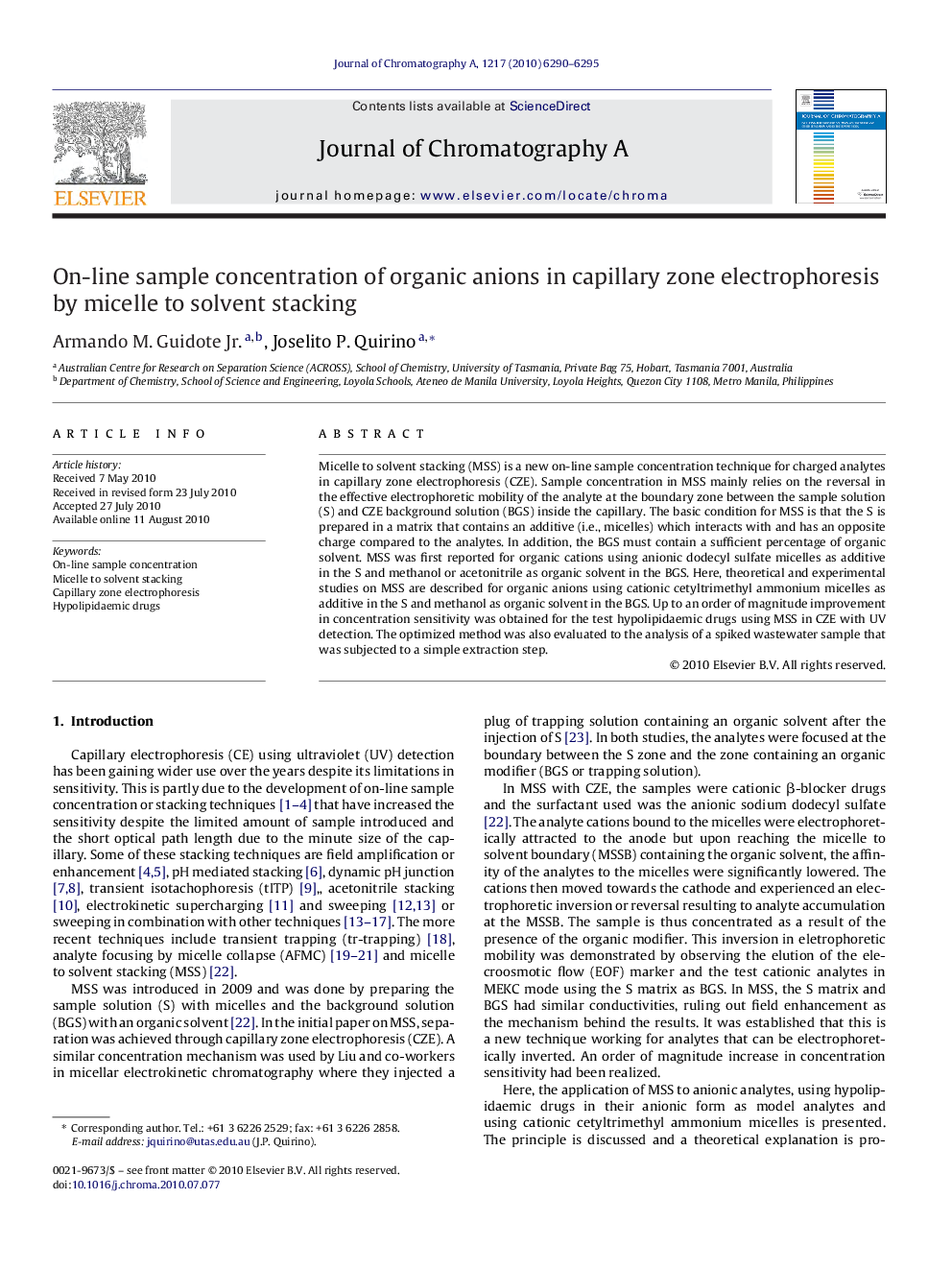 On-line sample concentration of organic anions in capillary zone electrophoresis by micelle to solvent stacking