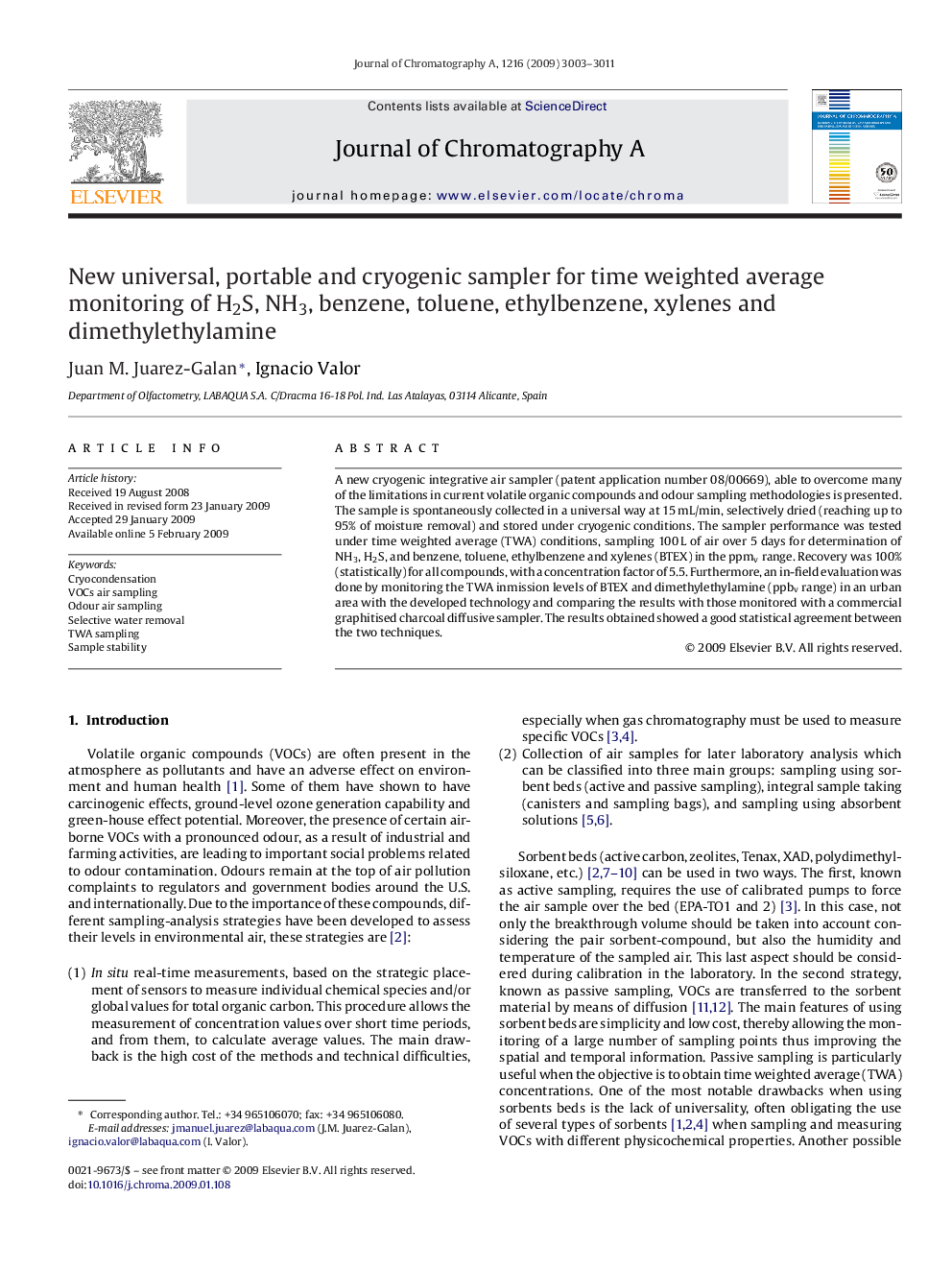 New universal, portable and cryogenic sampler for time weighted average monitoring of H2S, NH3, benzene, toluene, ethylbenzene, xylenes and dimethylethylamine
