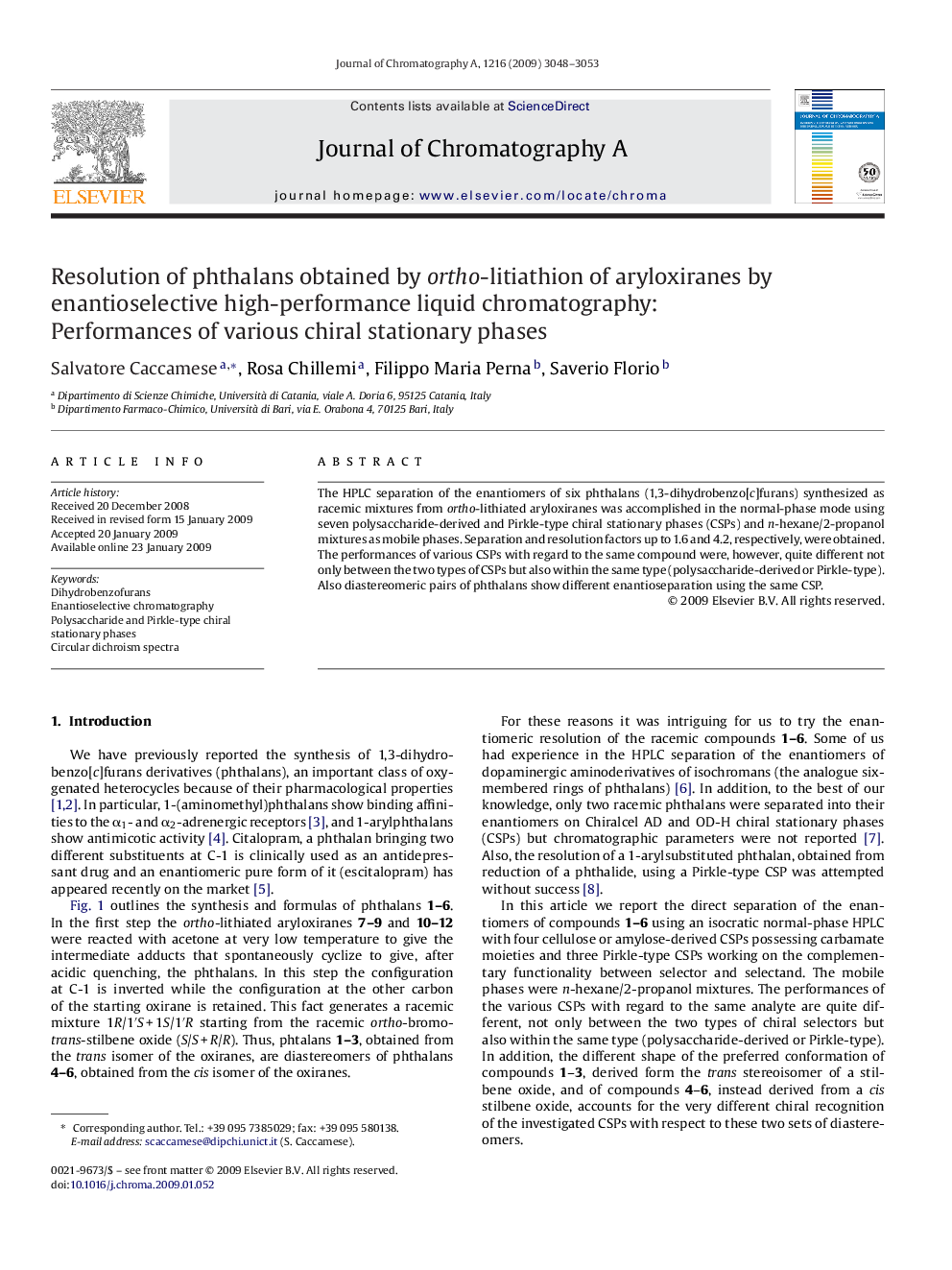 Resolution of phthalans obtained by ortho-litiathion of aryloxiranes by enantioselective high-performance liquid chromatography: Performances of various chiral stationary phases