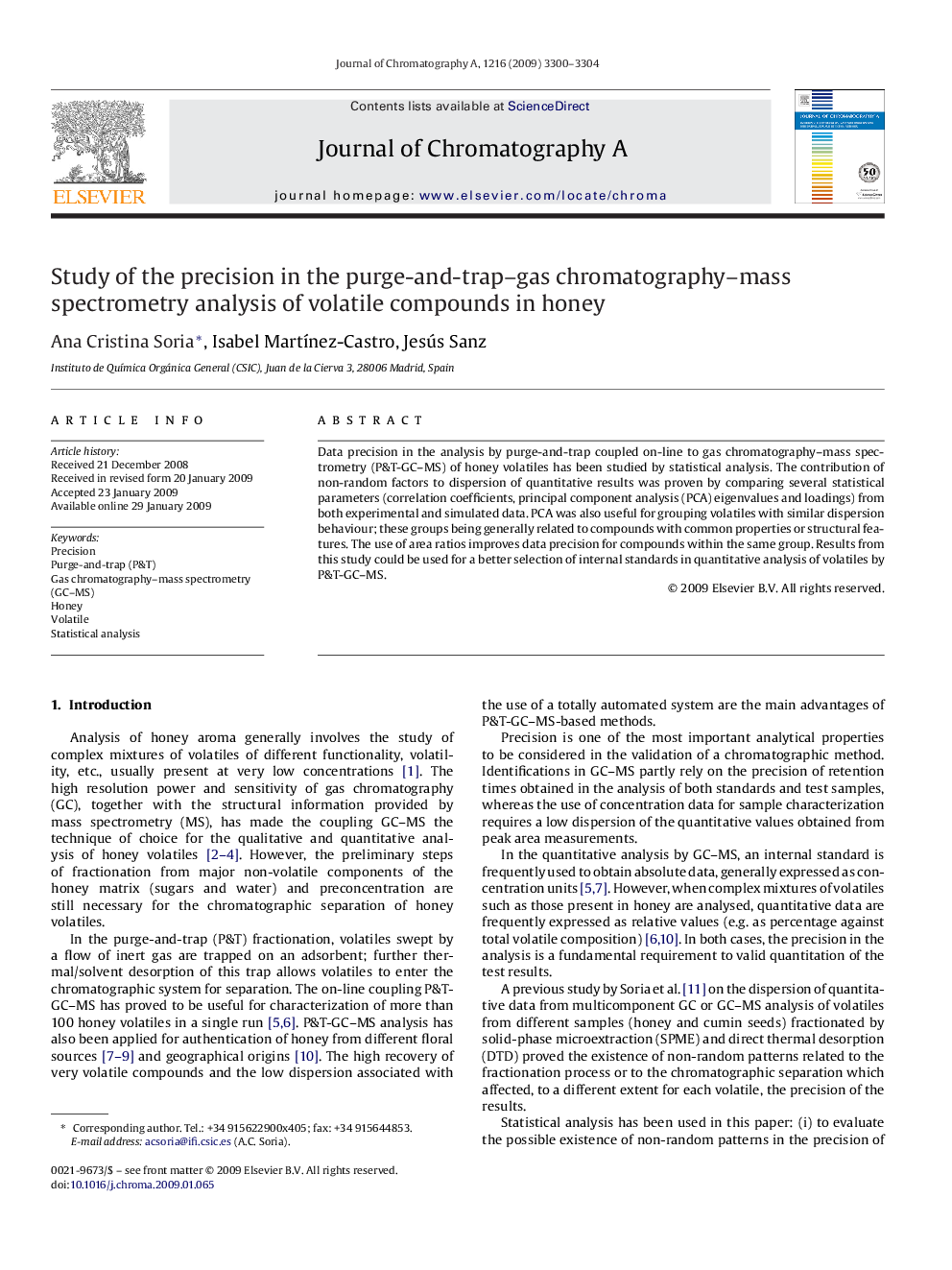 Study of the precision in the purge-and-trap–gas chromatography–mass spectrometry analysis of volatile compounds in honey