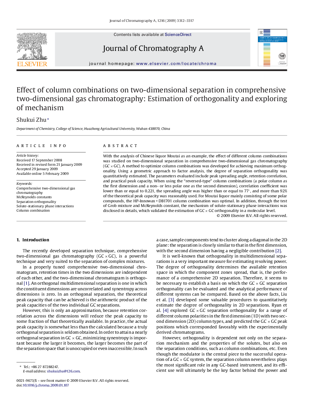 Effect of column combinations on two-dimensional separation in comprehensive two-dimensional gas chromatography: Estimation of orthogonality and exploring of mechanism