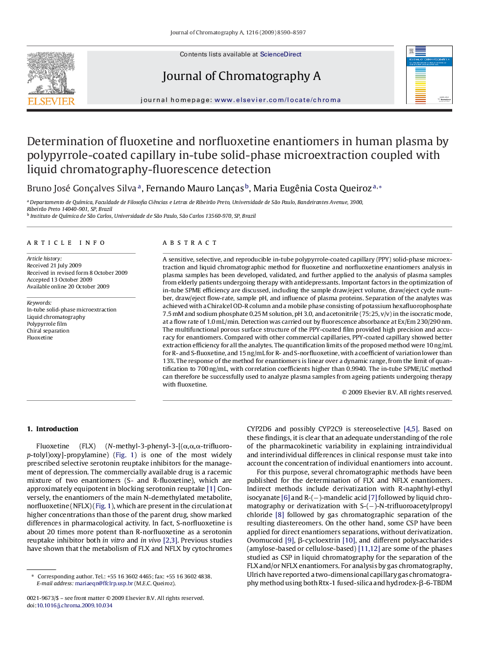 Determination of fluoxetine and norfluoxetine enantiomers in human plasma by polypyrrole-coated capillary in-tube solid-phase microextraction coupled with liquid chromatography-fluorescence detection