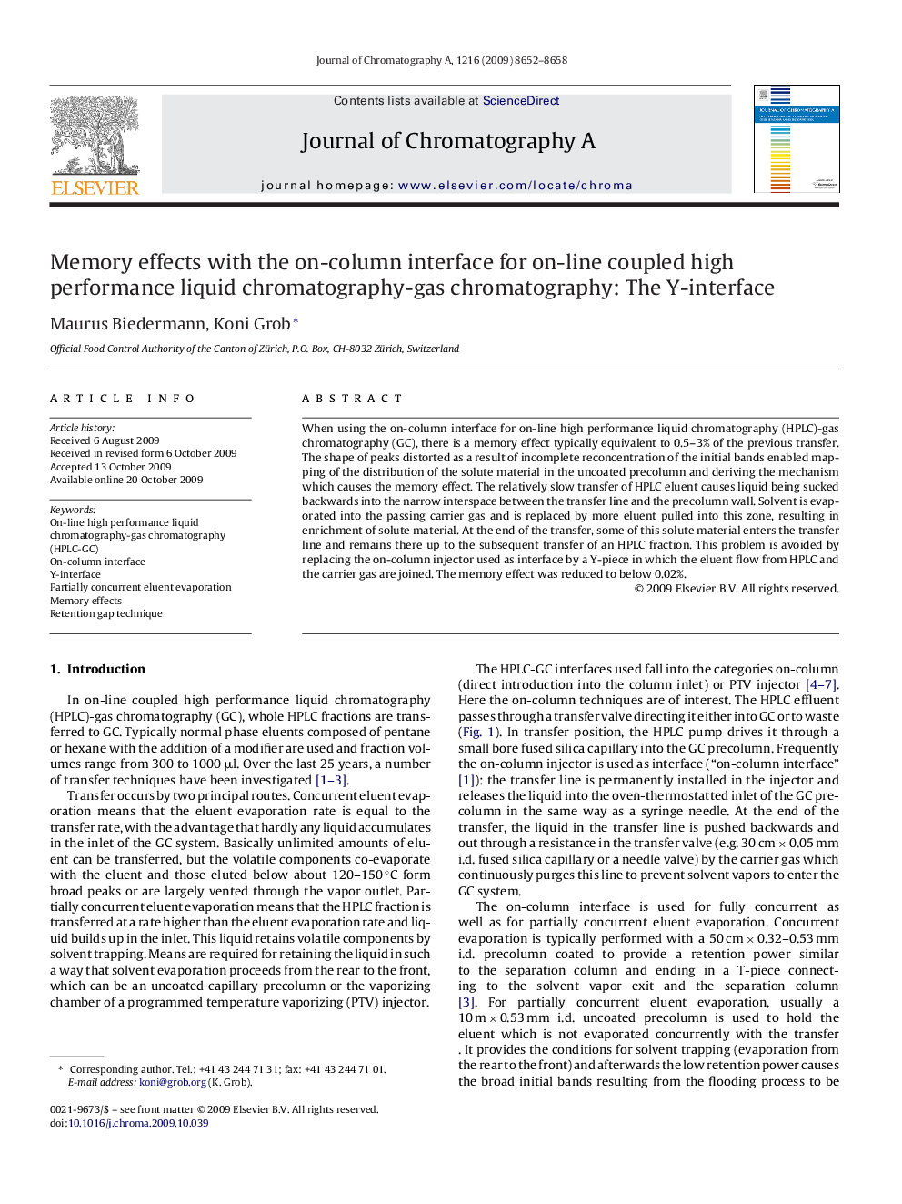 Memory effects with the on-column interface for on-line coupled high performance liquid chromatography-gas chromatography: The Y-interface