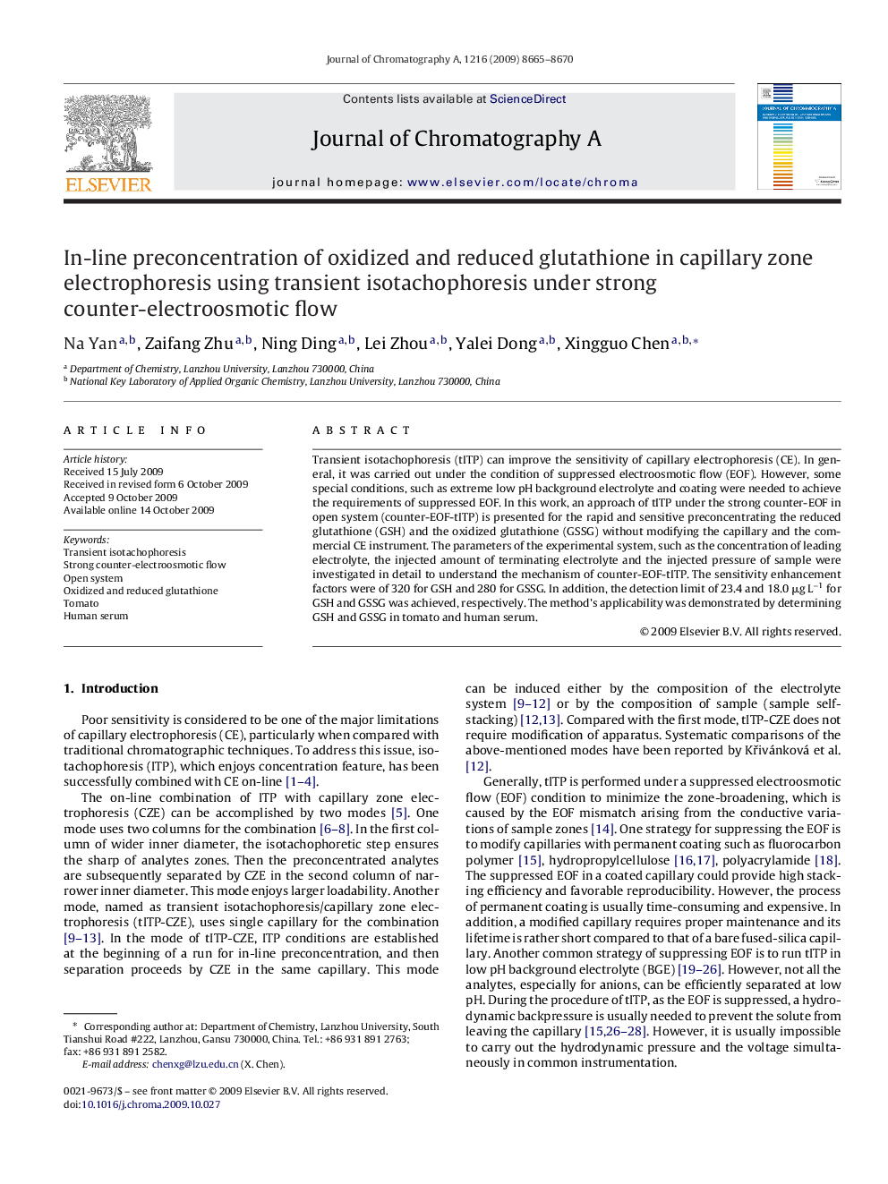 In-line preconcentration of oxidized and reduced glutathione in capillary zone electrophoresis using transient isotachophoresis under strong counter-electroosmotic flow