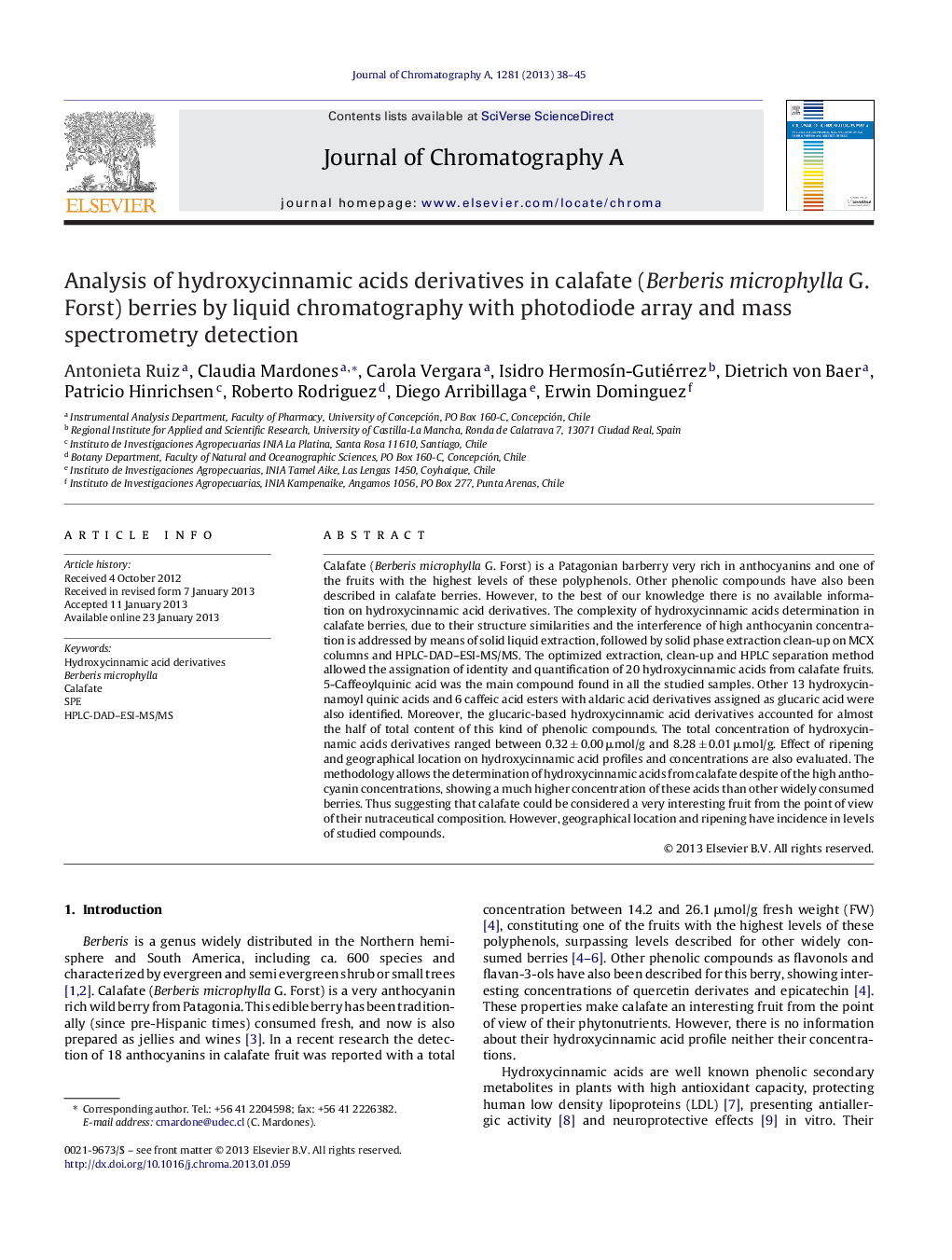 Analysis of hydroxycinnamic acids derivatives in calafate (Berberis microphylla G. Forst) berries by liquid chromatography with photodiode array and mass spectrometry detection