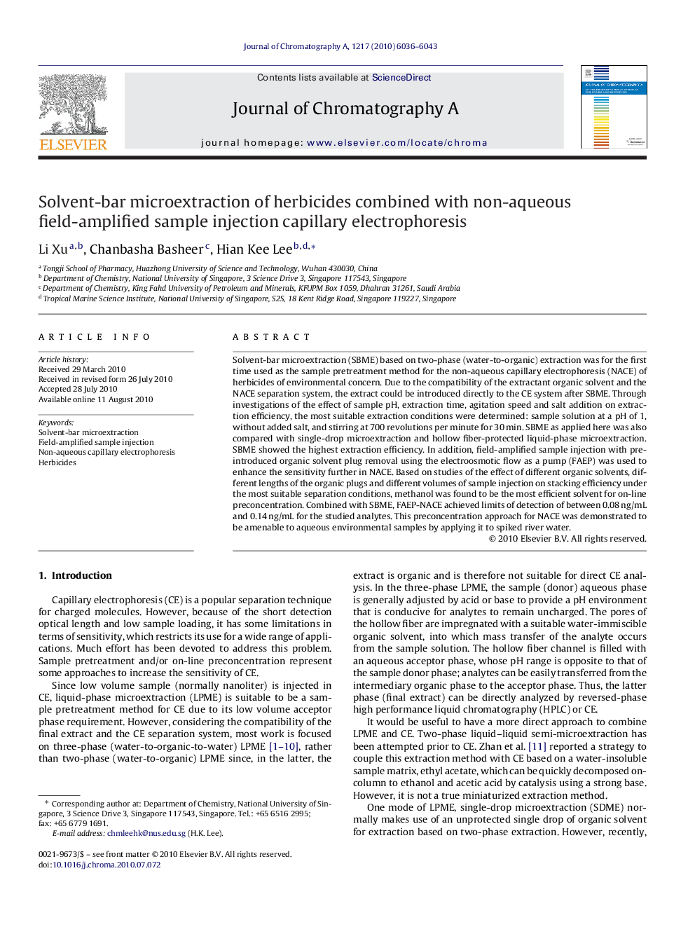 Solvent-bar microextraction of herbicides combined with non-aqueous field-amplified sample injection capillary electrophoresis