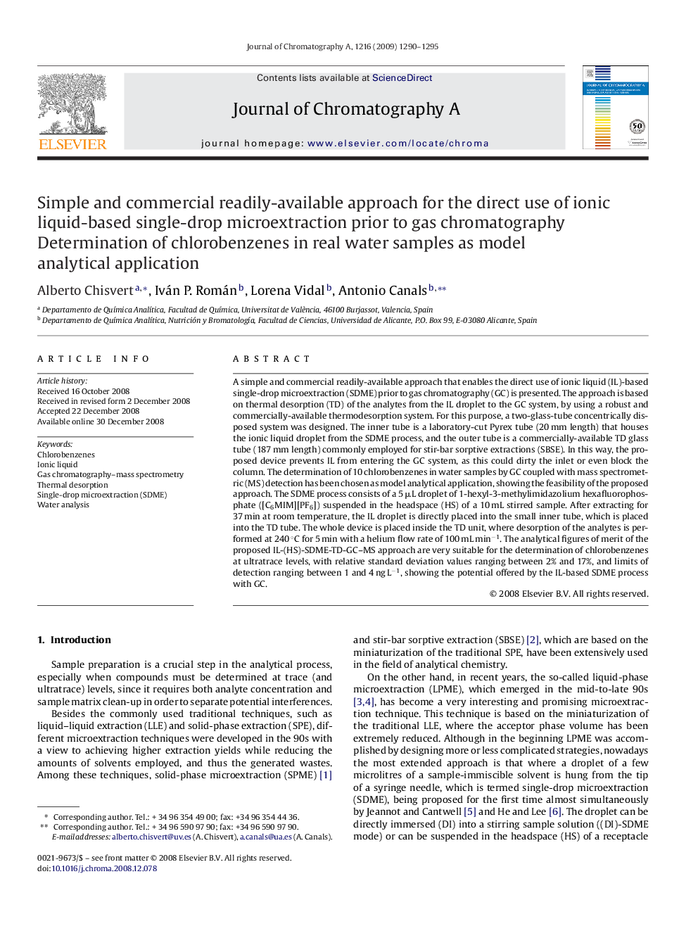 Simple and commercial readily-available approach for the direct use of ionic liquid-based single-drop microextraction prior to gas chromatography: Determination of chlorobenzenes in real water samples as model analytical application