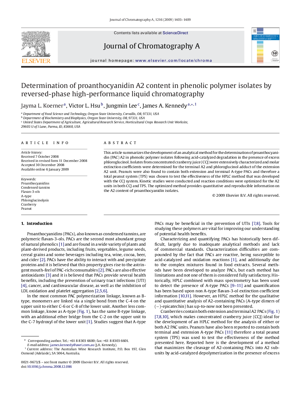 Determination of proanthocyanidin A2 content in phenolic polymer isolates by reversed-phase high-performance liquid chromatography