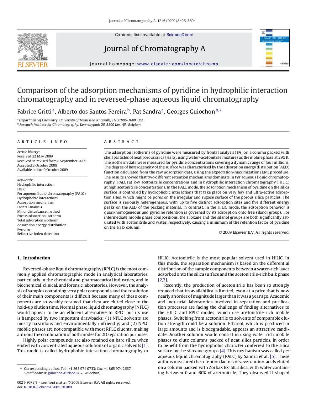 Comparison of the adsorption mechanisms of pyridine in hydrophilic interaction chromatography and in reversed-phase aqueous liquid chromatography