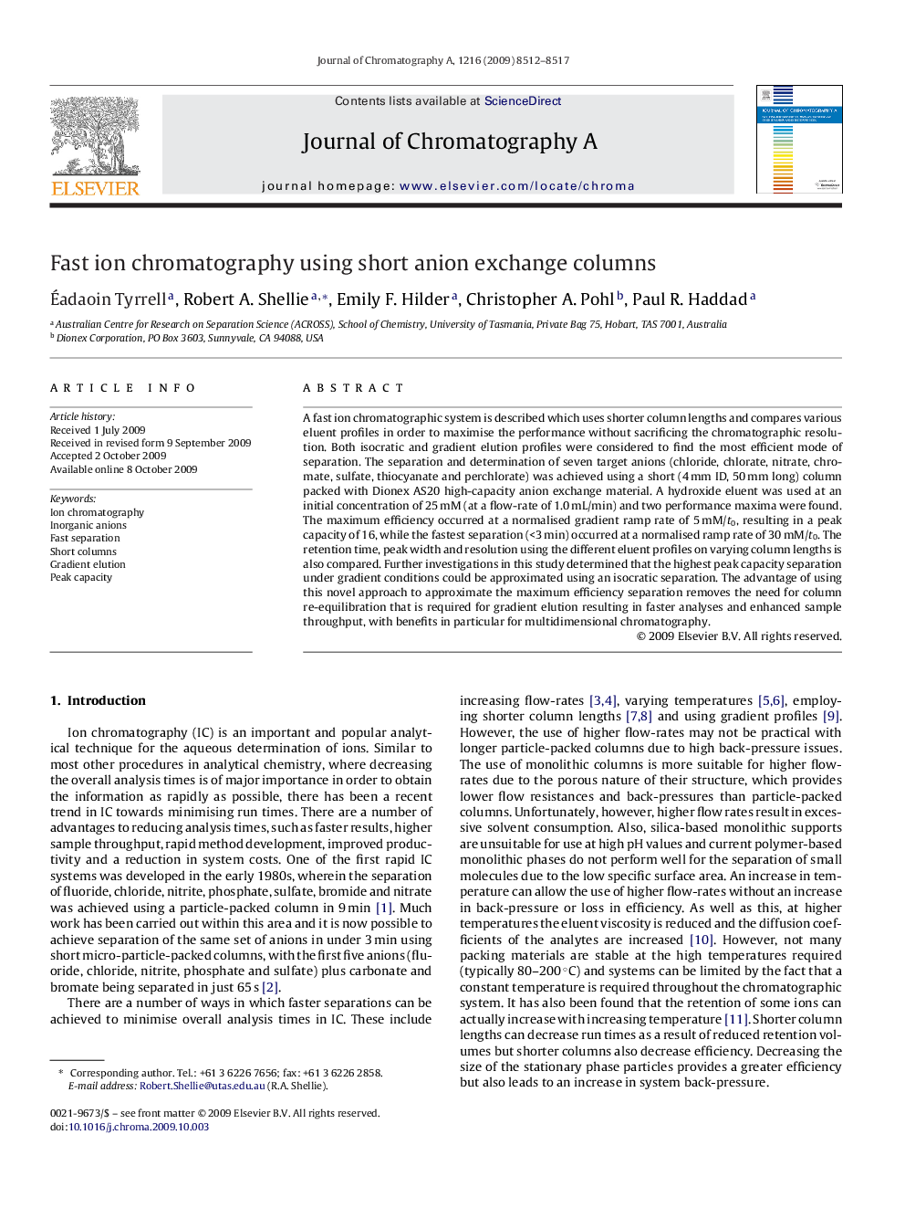 Fast ion chromatography using short anion exchange columns