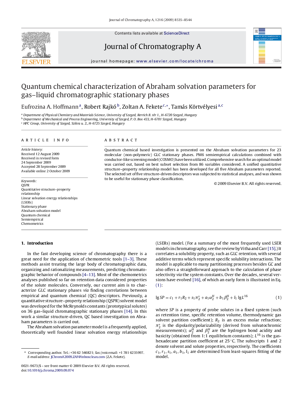 Quantum chemical characterization of Abraham solvation parameters for gas–liquid chromatographic stationary phases