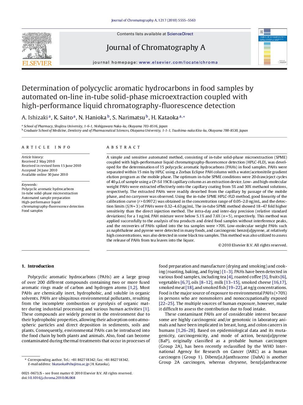 Determination of polycyclic aromatic hydrocarbons in food samples by automated on-line in-tube solid-phase microextraction coupled with high-performance liquid chromatography-fluorescence detection