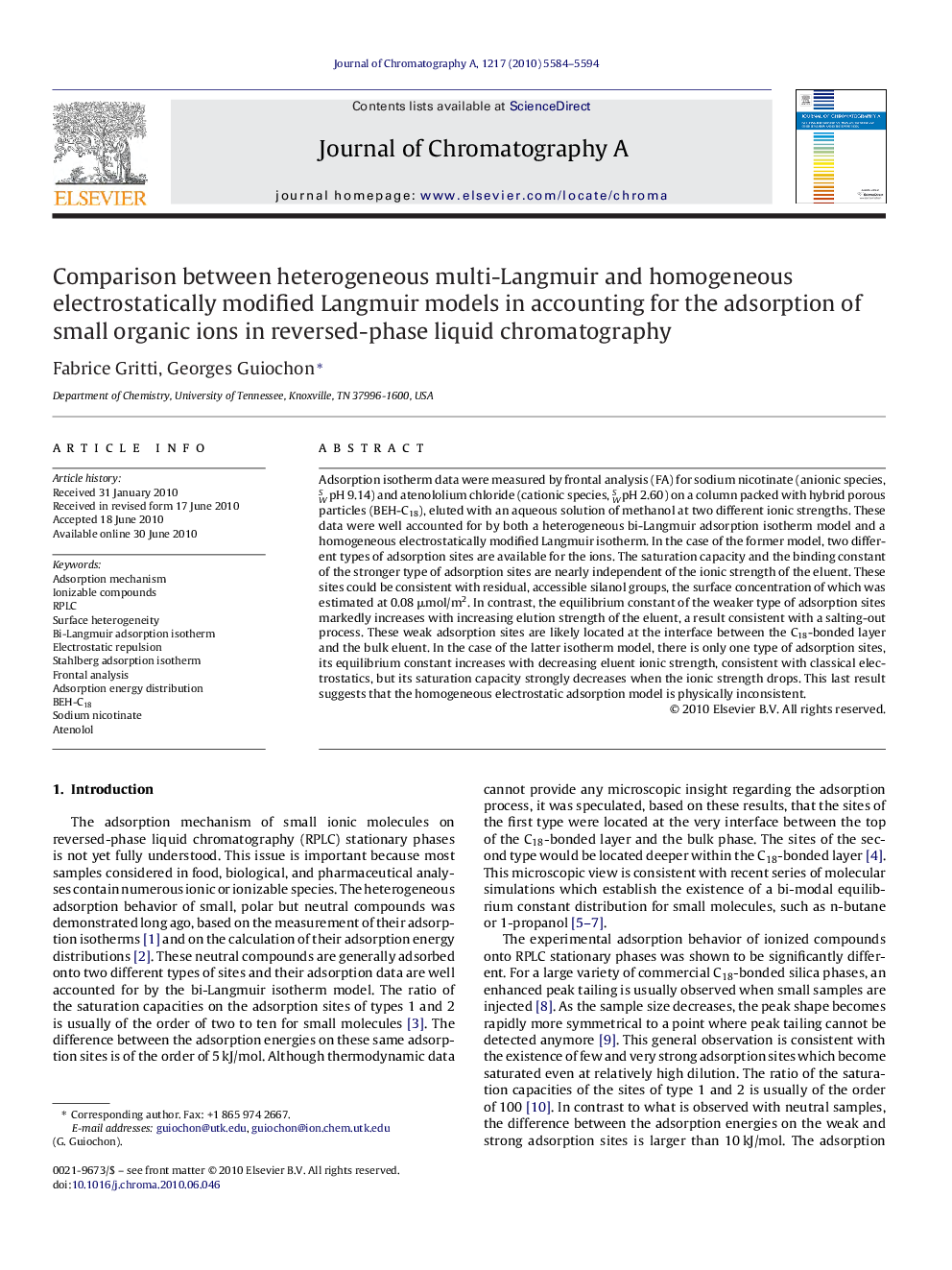 Comparison between heterogeneous multi-Langmuir and homogeneous electrostatically modified Langmuir models in accounting for the adsorption of small organic ions in reversed-phase liquid chromatography