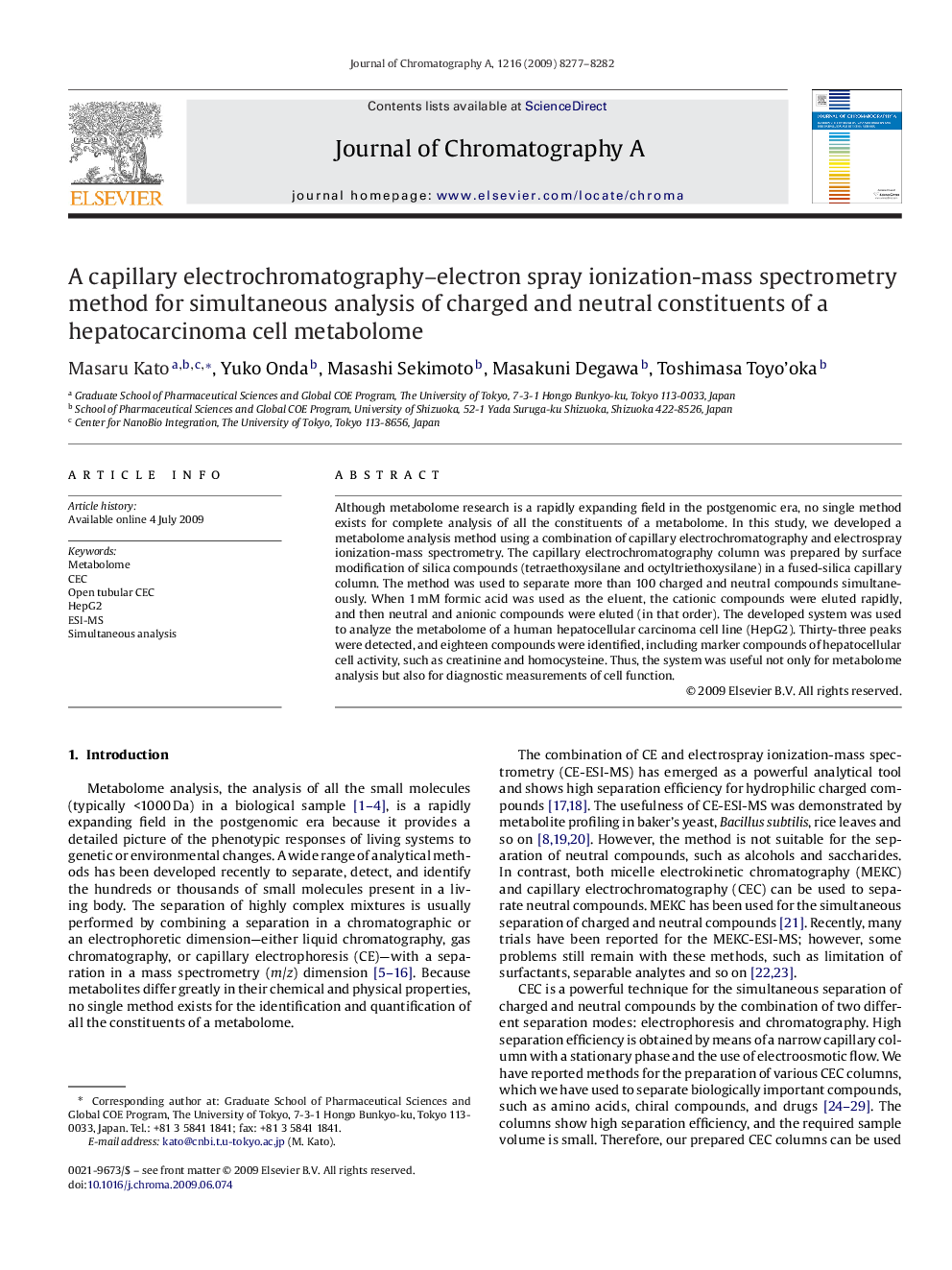 A capillary electrochromatography–electron spray ionization-mass spectrometry method for simultaneous analysis of charged and neutral constituents of a hepatocarcinoma cell metabolome