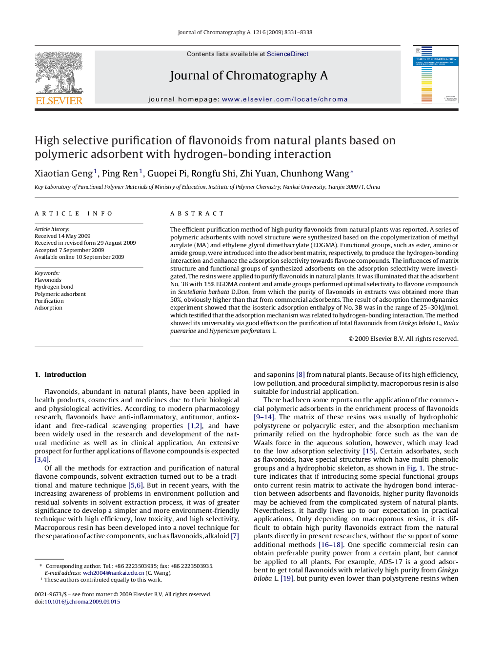 High selective purification of flavonoids from natural plants based on polymeric adsorbent with hydrogen-bonding interaction