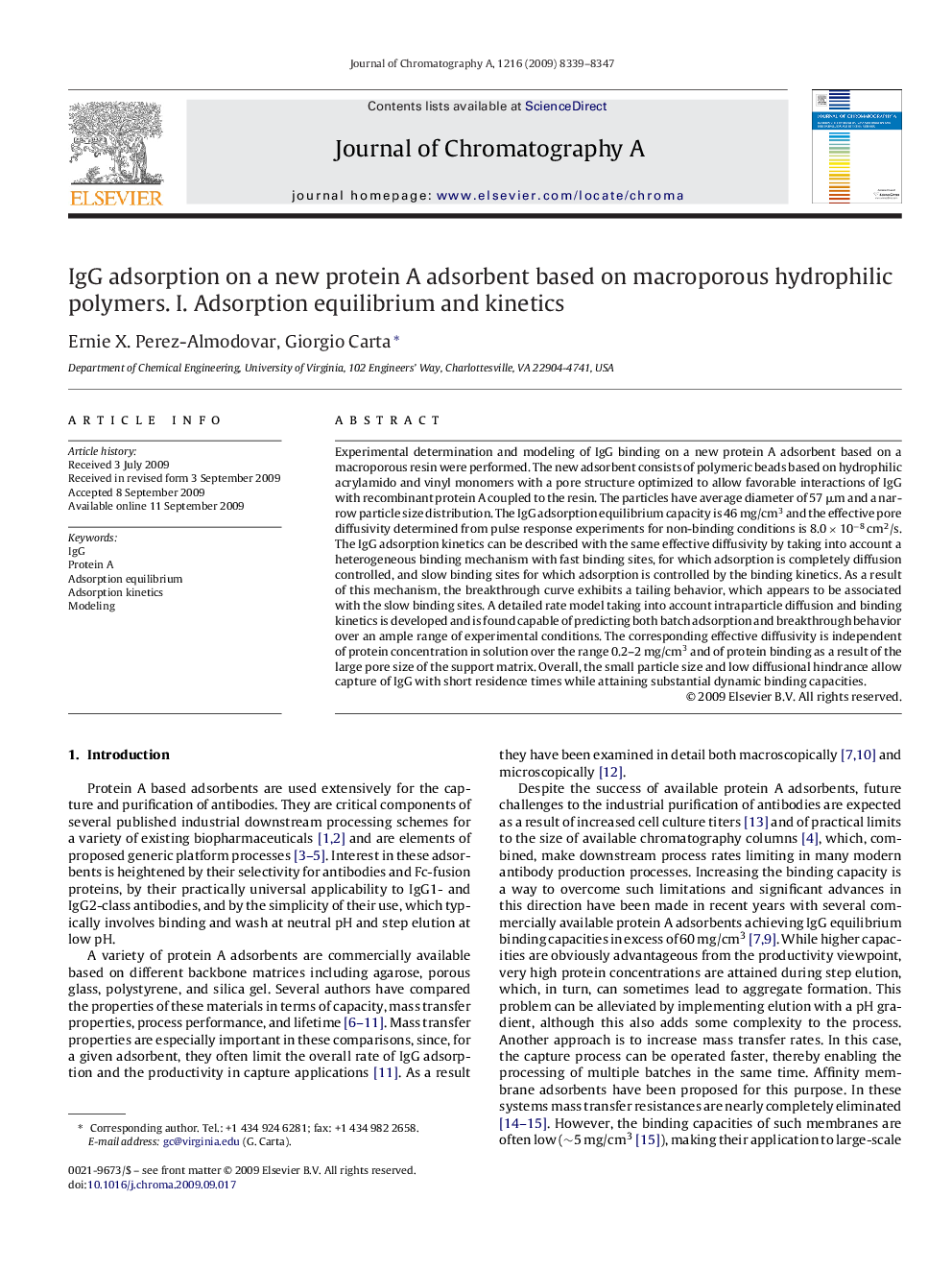 IgG adsorption on a new protein A adsorbent based on macroporous hydrophilic polymers. I. Adsorption equilibrium and kinetics