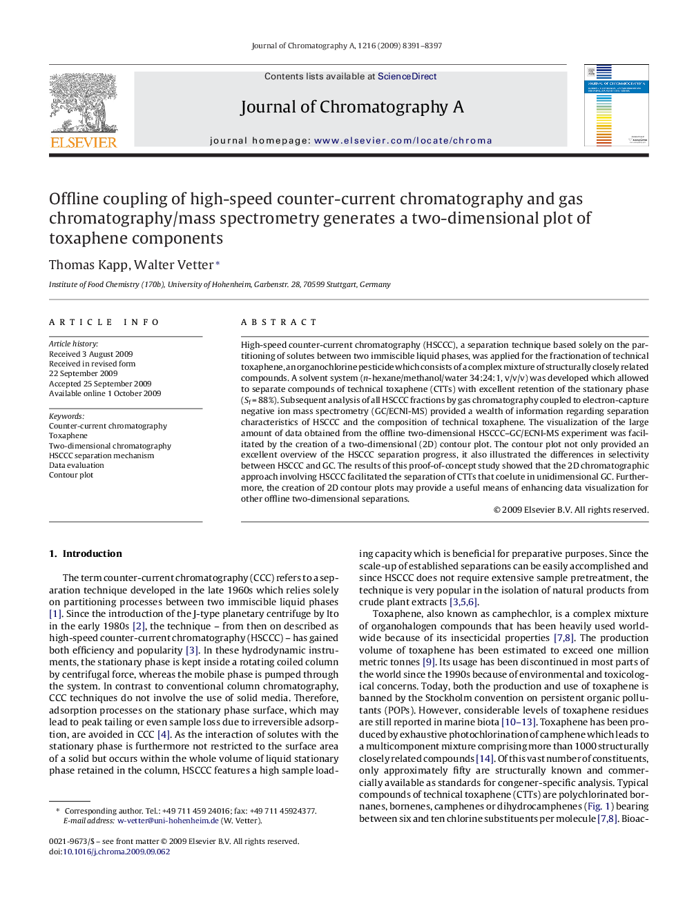 Offline coupling of high-speed counter-current chromatography and gas chromatography/mass spectrometry generates a two-dimensional plot of toxaphene components