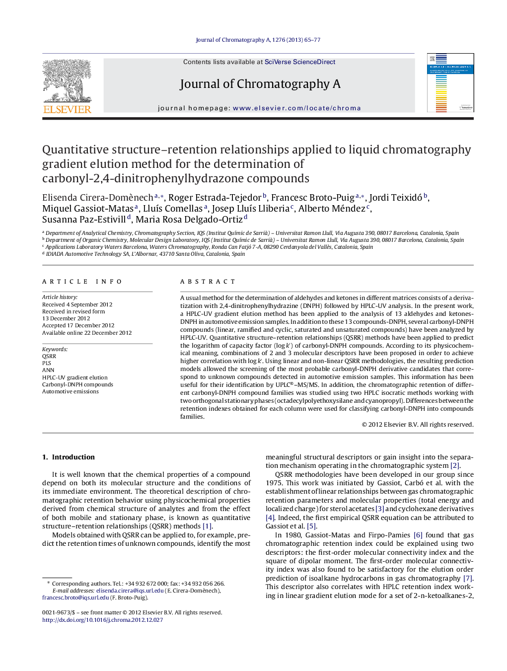 Quantitative structure–retention relationships applied to liquid chromatography gradient elution method for the determination of carbonyl-2,4-dinitrophenylhydrazone compounds