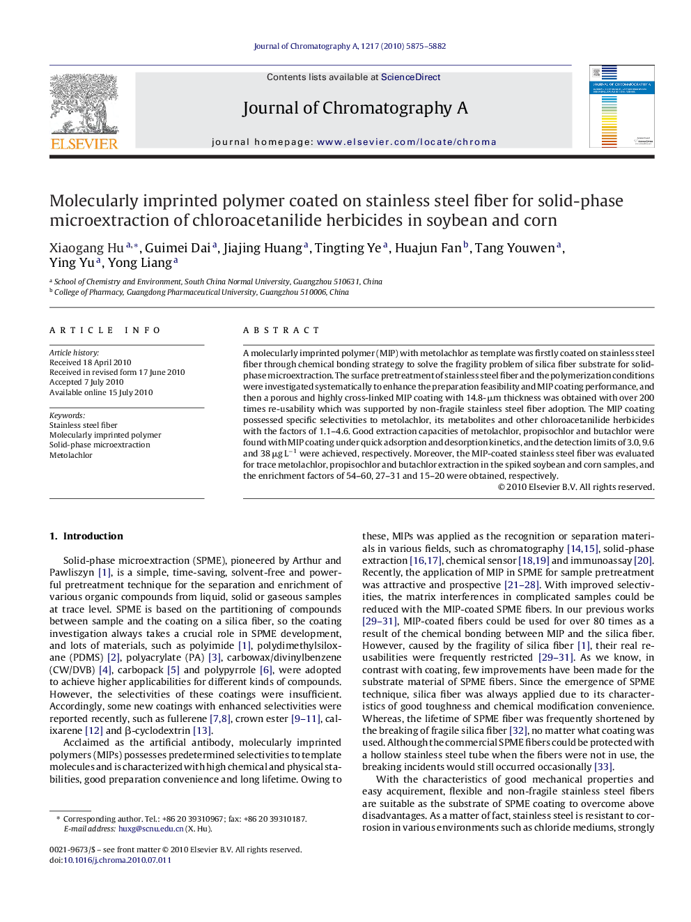 Molecularly imprinted polymer coated on stainless steel fiber for solid-phase microextraction of chloroacetanilide herbicides in soybean and corn